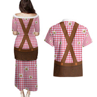 Traditional German Costume - Lederhosen Couples Matching Puletasi and Hawaiian Shirt Red Plaid Pattern with Edelweiss Flowers