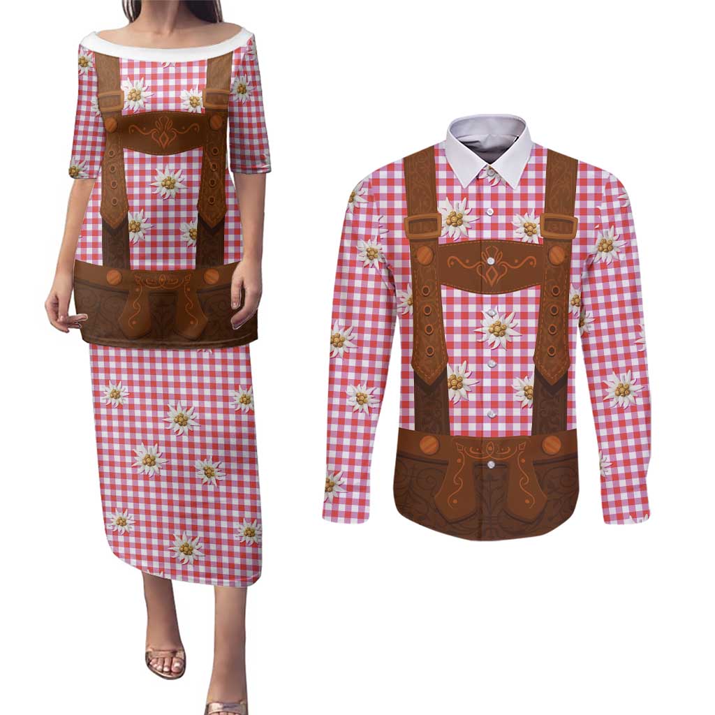 Traditional German Costume - Lederhosen Couples Matching Puletasi and Long Sleeve Button Shirt Red Plaid Pattern with Edelweiss Flowers
