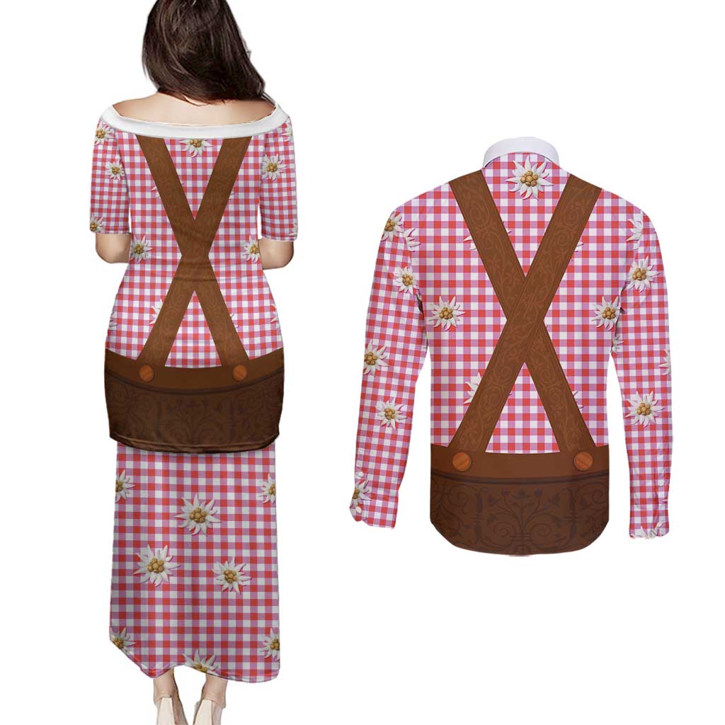 Traditional German Costume - Lederhosen Couples Matching Puletasi and Long Sleeve Button Shirt Red Plaid Pattern with Edelweiss Flowers