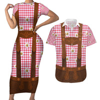 Traditional German Costume - Lederhosen Couples Matching Short Sleeve Bodycon Dress and Hawaiian Shirt Red Plaid Pattern with Edelweiss Flowers
