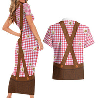 Traditional German Costume - Lederhosen Couples Matching Short Sleeve Bodycon Dress and Hawaiian Shirt Red Plaid Pattern with Edelweiss Flowers