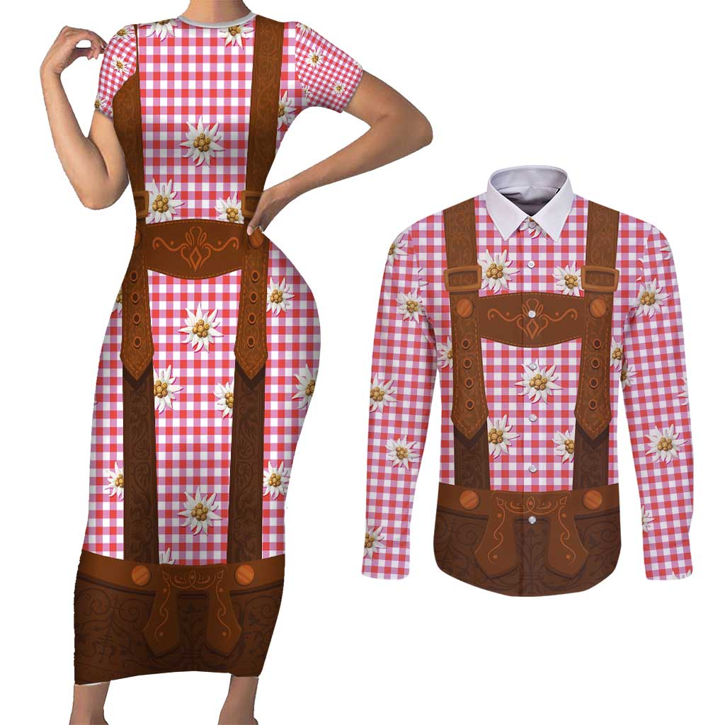 Traditional German Costume - Lederhosen Couples Matching Short Sleeve Bodycon Dress and Long Sleeve Button Shirt Red Plaid Pattern with Edelweiss Flowers