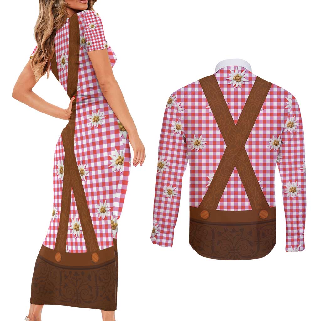 Traditional German Costume - Lederhosen Couples Matching Short Sleeve Bodycon Dress and Long Sleeve Button Shirt Red Plaid Pattern with Edelweiss Flowers