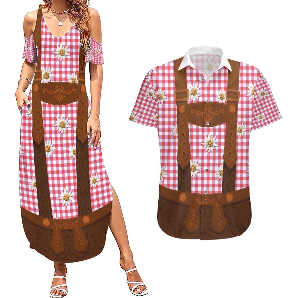 Traditional German Costume - Lederhosen Couples Matching Summer Maxi Dress and Hawaiian Shirt Red Plaid Pattern with Edelweiss Flowers