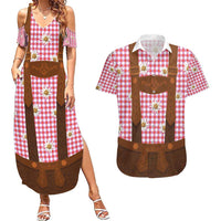 Traditional German Costume - Lederhosen Couples Matching Summer Maxi Dress and Hawaiian Shirt Red Plaid Pattern with Edelweiss Flowers