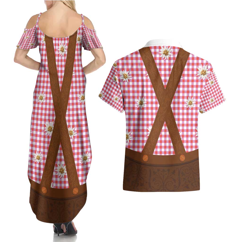 Traditional German Costume - Lederhosen Couples Matching Summer Maxi Dress and Hawaiian Shirt Red Plaid Pattern with Edelweiss Flowers