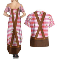 Traditional German Costume - Lederhosen Couples Matching Summer Maxi Dress and Hawaiian Shirt Red Plaid Pattern with Edelweiss Flowers