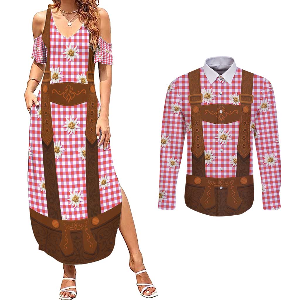 Traditional German Costume - Lederhosen Couples Matching Summer Maxi Dress and Long Sleeve Button Shirt Red Plaid Pattern with Edelweiss Flowers