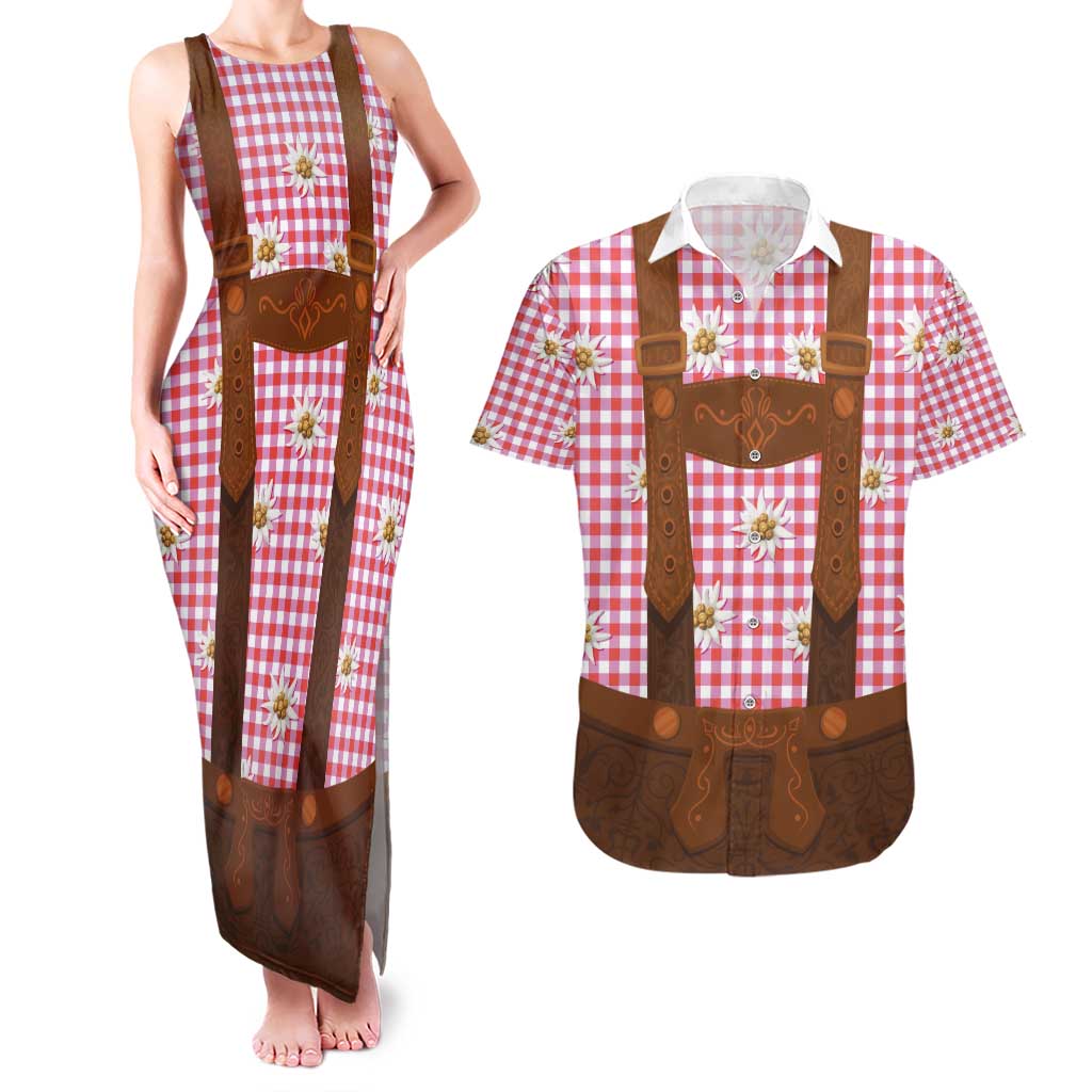 Traditional German Costume - Lederhosen Couples Matching Tank Maxi Dress and Hawaiian Shirt Red Plaid Pattern with Edelweiss Flowers