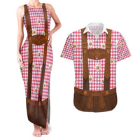 Traditional German Costume - Lederhosen Couples Matching Tank Maxi Dress and Hawaiian Shirt Red Plaid Pattern with Edelweiss Flowers