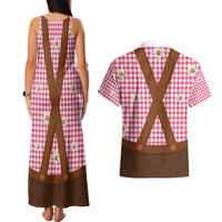 Traditional German Costume - Lederhosen Couples Matching Tank Maxi Dress and Hawaiian Shirt Red Plaid Pattern with Edelweiss Flowers