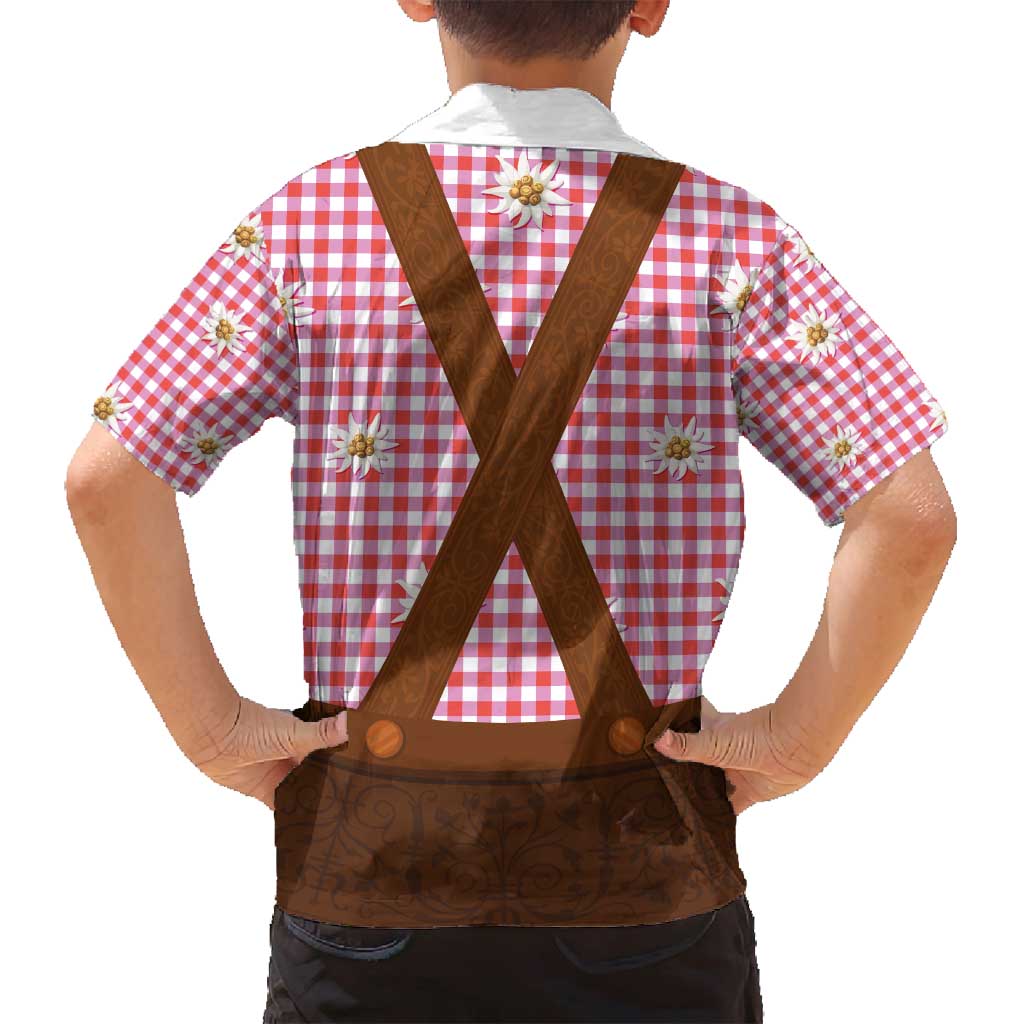 Traditional German Costume - Lederhosen Family Matching Long Sleeve Bodycon Dress and Hawaiian Shirt Red Plaid Pattern with Edelweiss Flowers - Wonder Print Shop