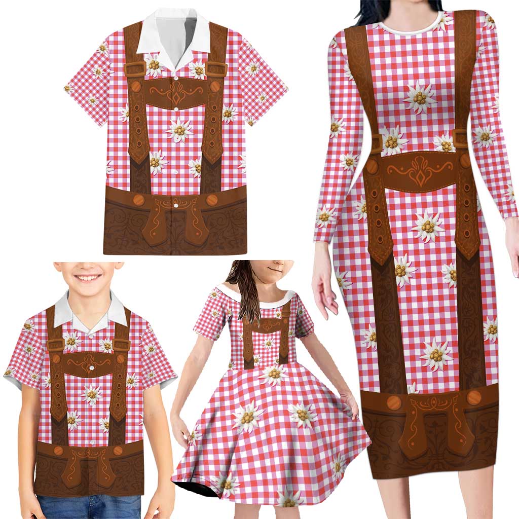 Traditional German Costume - Lederhosen Family Matching Long Sleeve Bodycon Dress and Hawaiian Shirt Red Plaid Pattern with Edelweiss Flowers - Wonder Print Shop