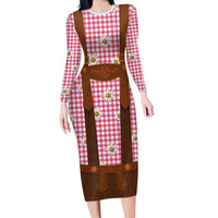 Traditional German Costume - Lederhosen Family Matching Long Sleeve Bodycon Dress and Hawaiian Shirt Red Plaid Pattern with Edelweiss Flowers - Wonder Print Shop