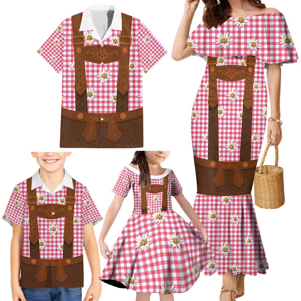 Traditional German Costume - Lederhosen Family Matching Mermaid Dress and Hawaiian Shirt Red Plaid Pattern with Edelweiss Flowers - Wonder Print Shop