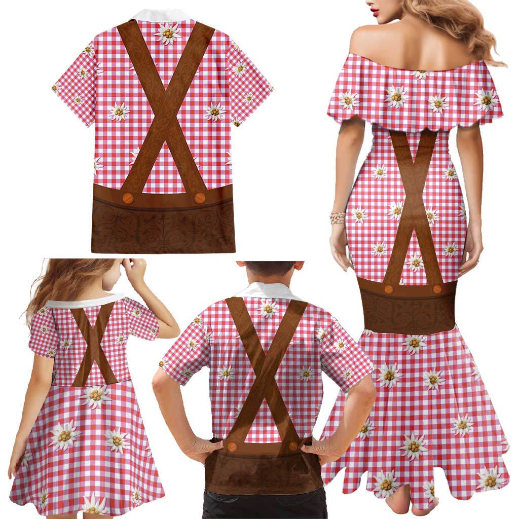 Traditional German Costume - Lederhosen Family Matching Mermaid Dress and Hawaiian Shirt Red Plaid Pattern with Edelweiss Flowers - Wonder Print Shop