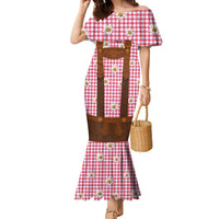 Traditional German Costume - Lederhosen Family Matching Mermaid Dress and Hawaiian Shirt Red Plaid Pattern with Edelweiss Flowers - Wonder Print Shop