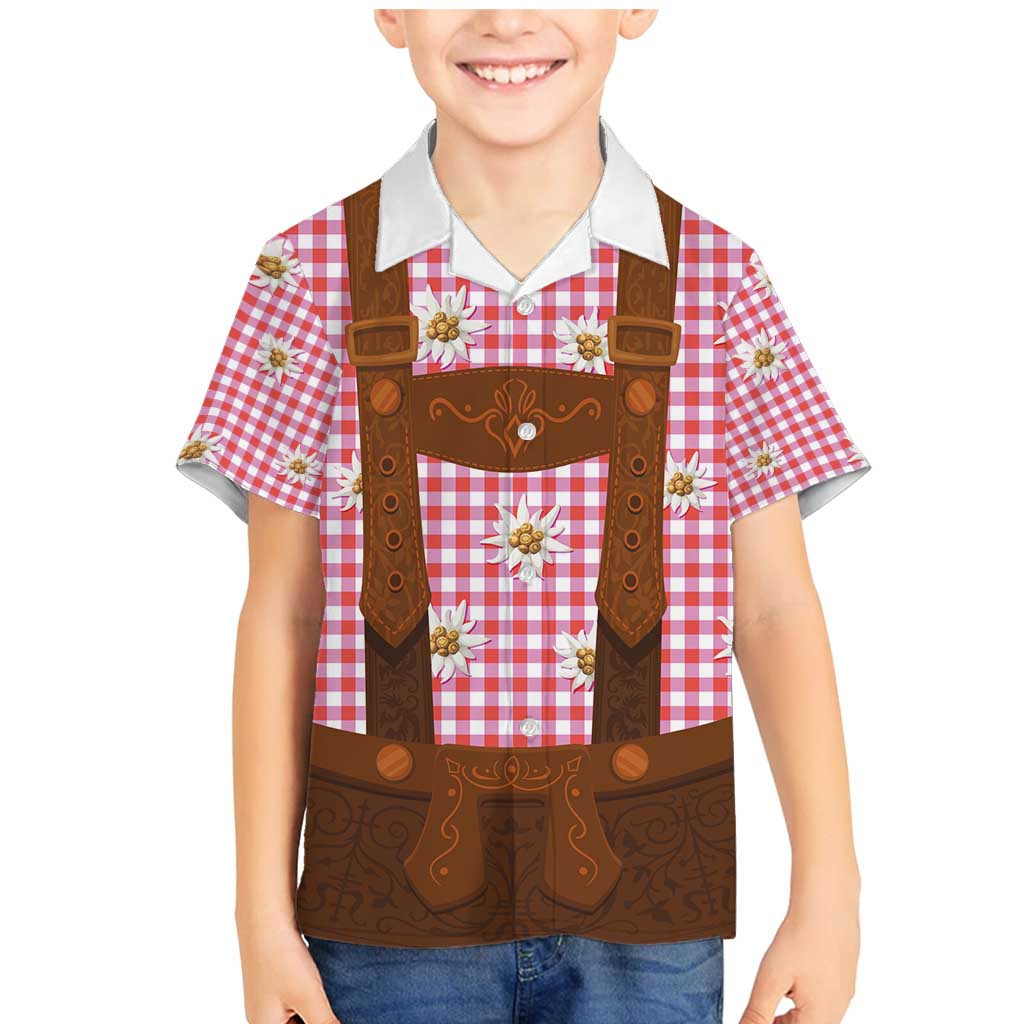 Traditional German Costume - Lederhosen Family Matching Mermaid Dress and Hawaiian Shirt Red Plaid Pattern with Edelweiss Flowers - Wonder Print Shop