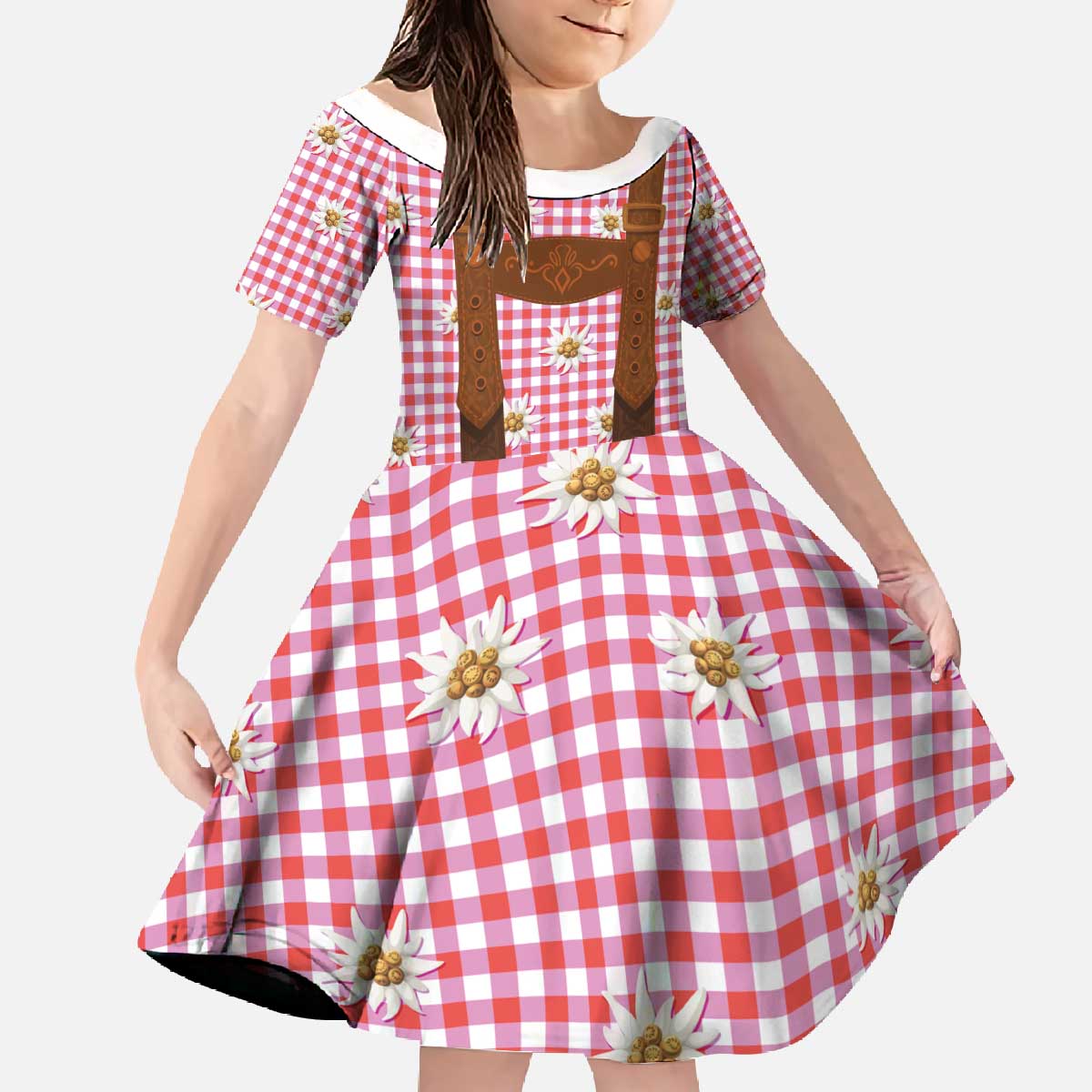 Traditional German Costume - Lederhosen Family Matching Off The Shoulder Long Sleeve Dress and Hawaiian Shirt Red Plaid Pattern with Edelweiss Flowers