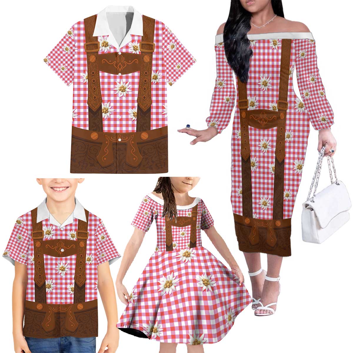 Traditional German Costume - Lederhosen Family Matching Off The Shoulder Long Sleeve Dress and Hawaiian Shirt Red Plaid Pattern with Edelweiss Flowers