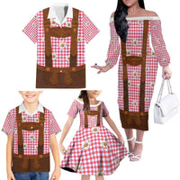 Traditional German Costume - Lederhosen Family Matching Off The Shoulder Long Sleeve Dress and Hawaiian Shirt Red Plaid Pattern with Edelweiss Flowers