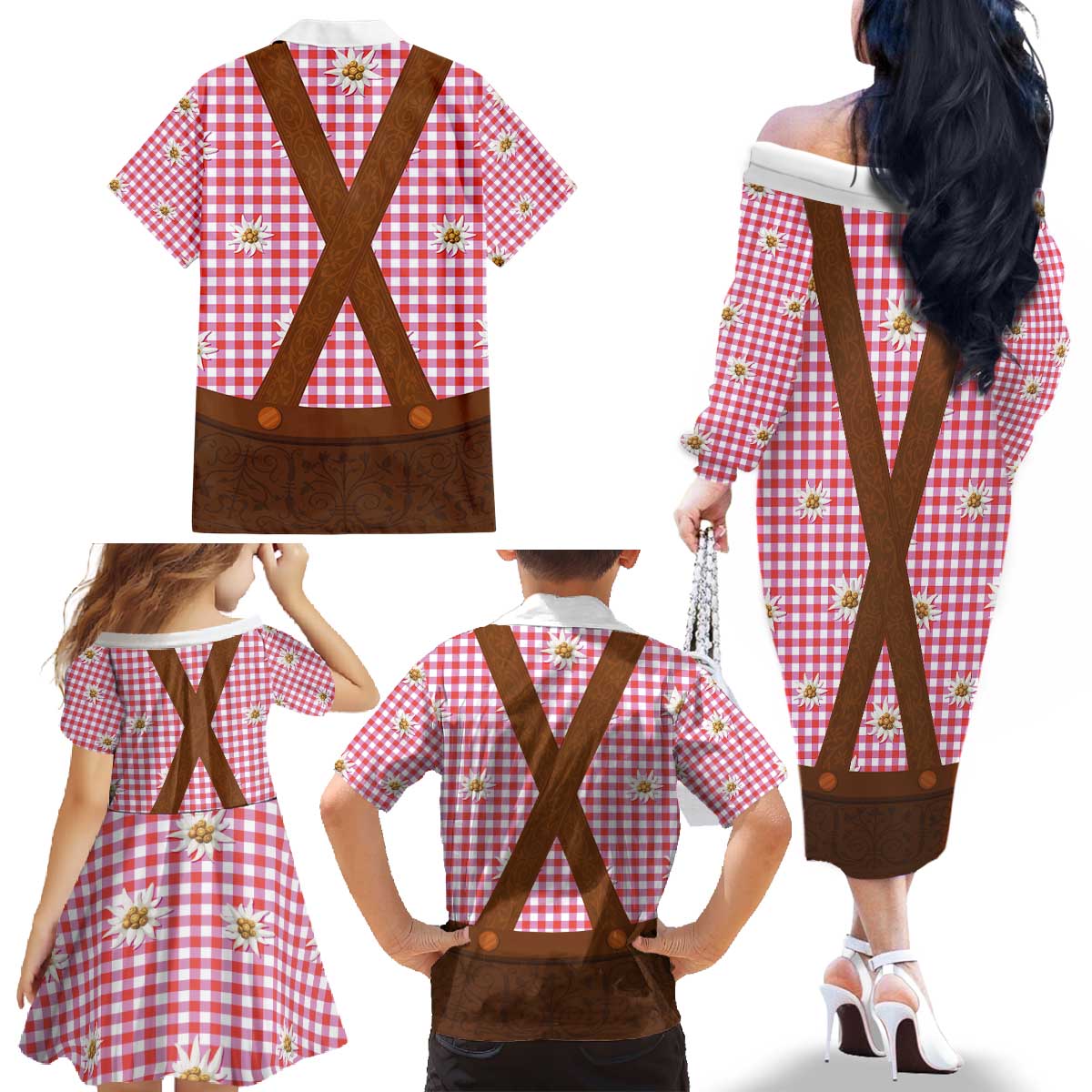 Traditional German Costume - Lederhosen Family Matching Off The Shoulder Long Sleeve Dress and Hawaiian Shirt Red Plaid Pattern with Edelweiss Flowers