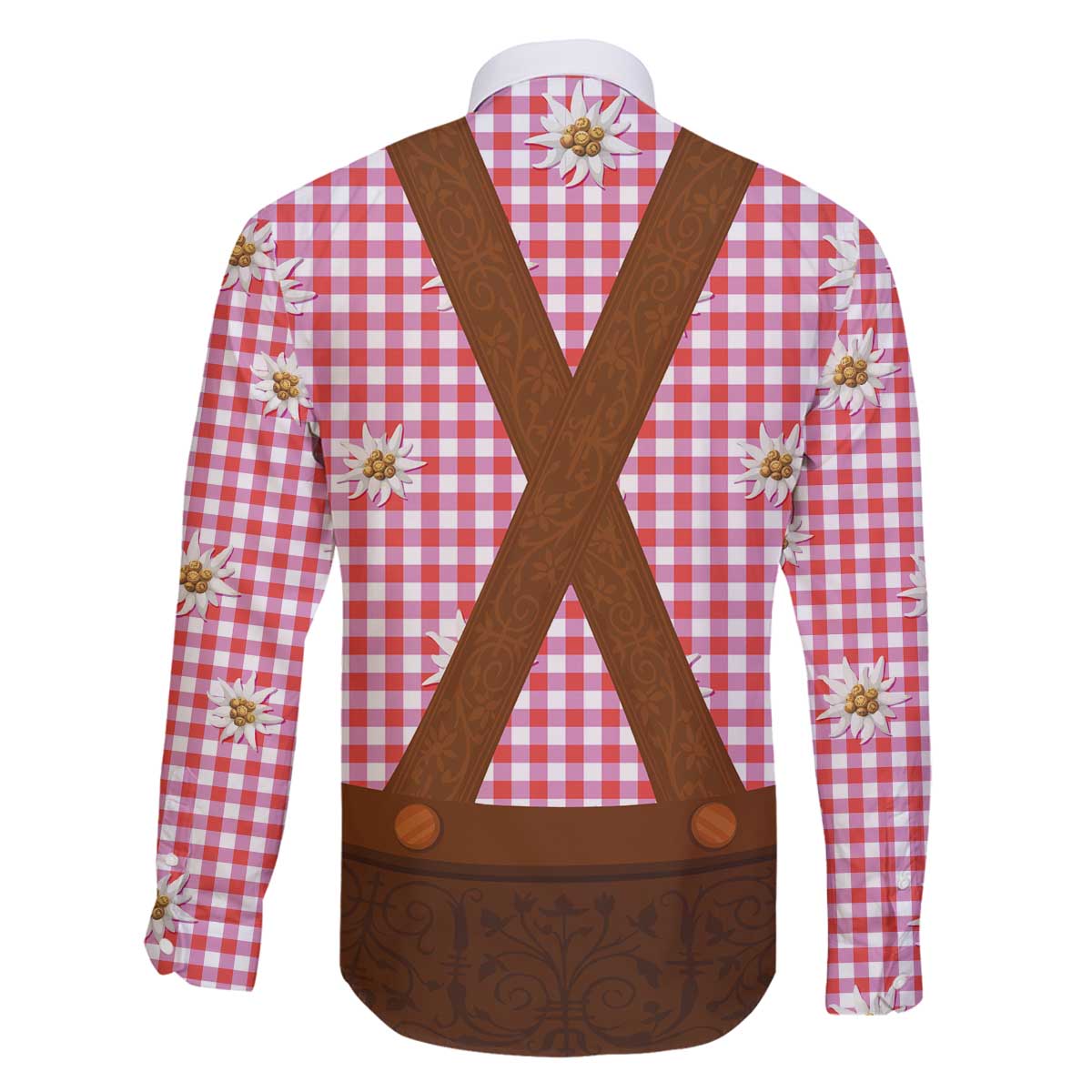 Traditional German Costume - Lederhosen Family Matching Off The Shoulder Long Sleeve Dress and Hawaiian Shirt Red Plaid Pattern with Edelweiss Flowers