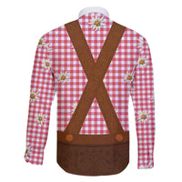 Traditional German Costume - Lederhosen Family Matching Off The Shoulder Long Sleeve Dress and Hawaiian Shirt Red Plaid Pattern with Edelweiss Flowers