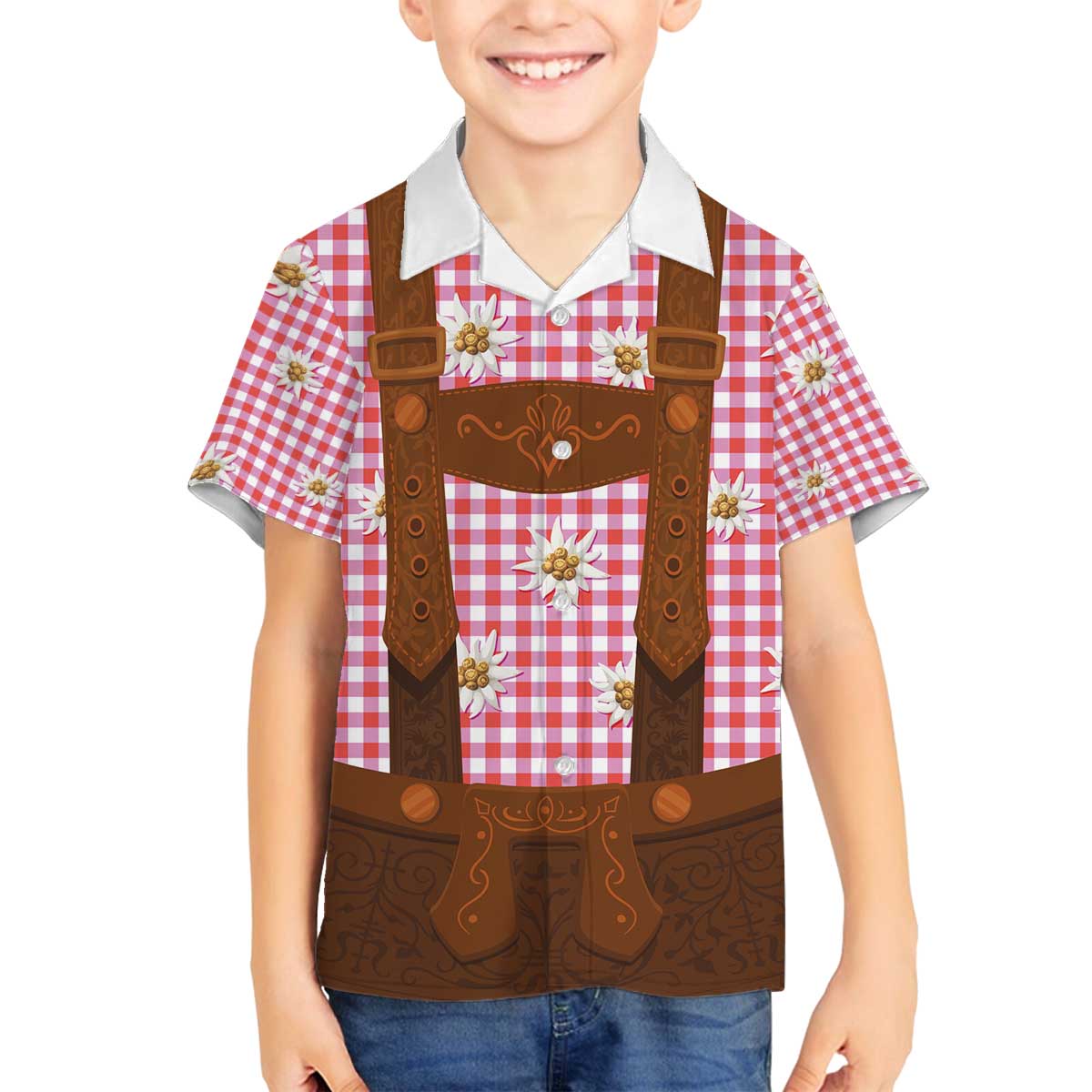 Traditional German Costume - Lederhosen Family Matching Off The Shoulder Long Sleeve Dress and Hawaiian Shirt Red Plaid Pattern with Edelweiss Flowers