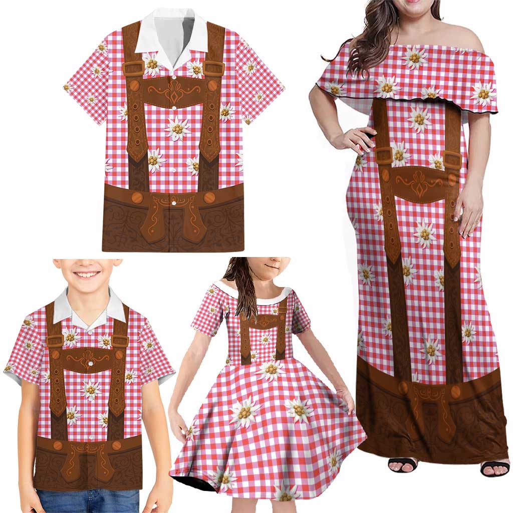 Traditional German Costume - Lederhosen Family Matching Off Shoulder Maxi Dress and Hawaiian Shirt Red Plaid Pattern with Edelweiss Flowers - Wonder Print Shop