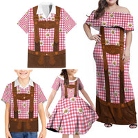 Traditional German Costume - Lederhosen Family Matching Off Shoulder Maxi Dress and Hawaiian Shirt Red Plaid Pattern with Edelweiss Flowers - Wonder Print Shop
