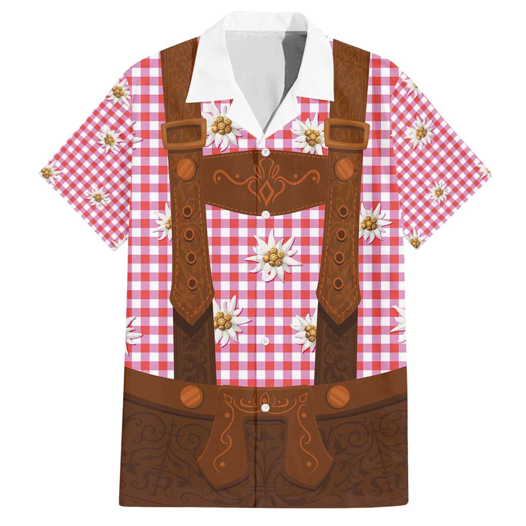 Traditional German Costume - Lederhosen Family Matching Off Shoulder Maxi Dress and Hawaiian Shirt Red Plaid Pattern with Edelweiss Flowers - Wonder Print Shop