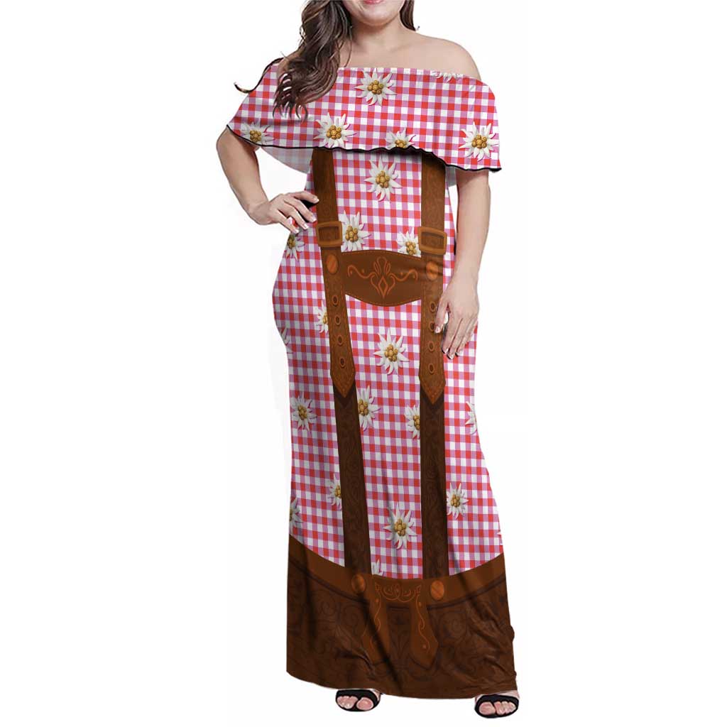 Traditional German Costume - Lederhosen Family Matching Off Shoulder Maxi Dress and Hawaiian Shirt Red Plaid Pattern with Edelweiss Flowers - Wonder Print Shop
