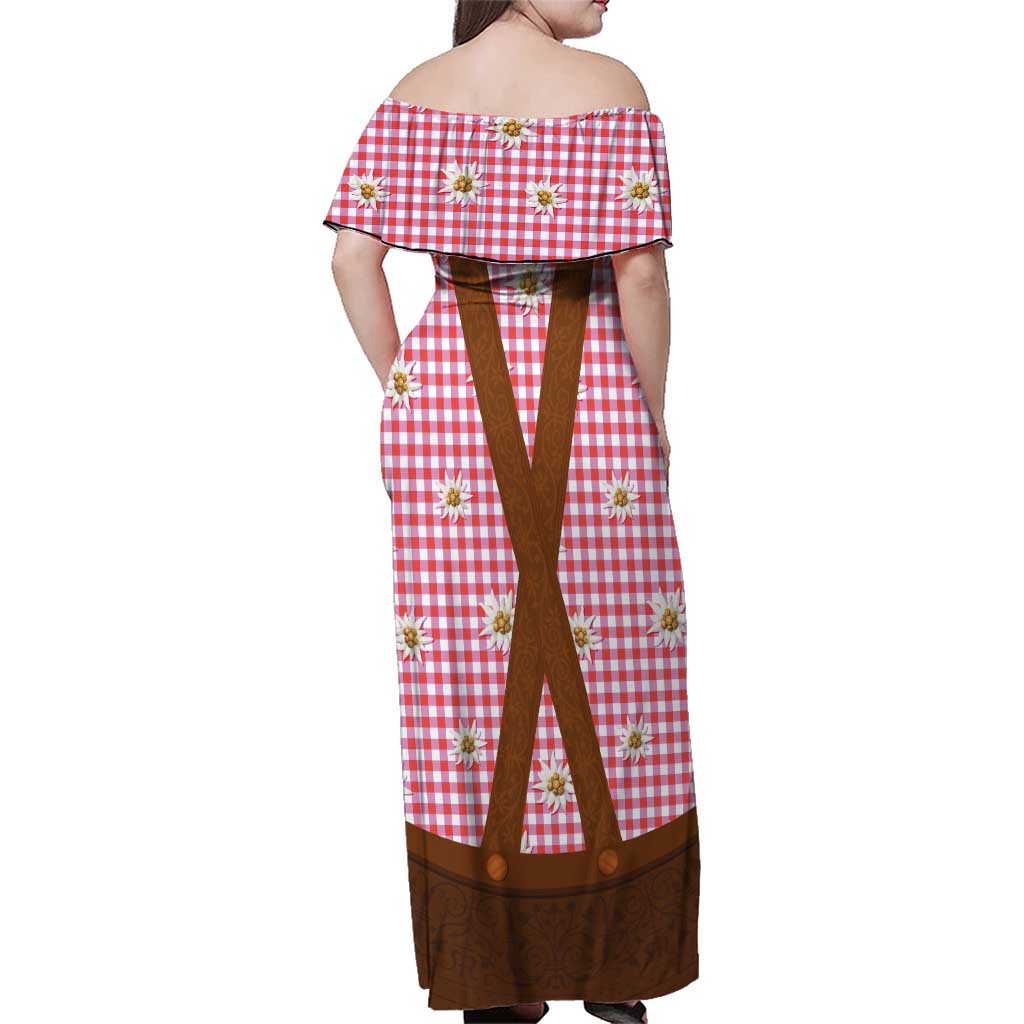Traditional German Costume - Lederhosen Family Matching Off Shoulder Maxi Dress and Hawaiian Shirt Red Plaid Pattern with Edelweiss Flowers - Wonder Print Shop