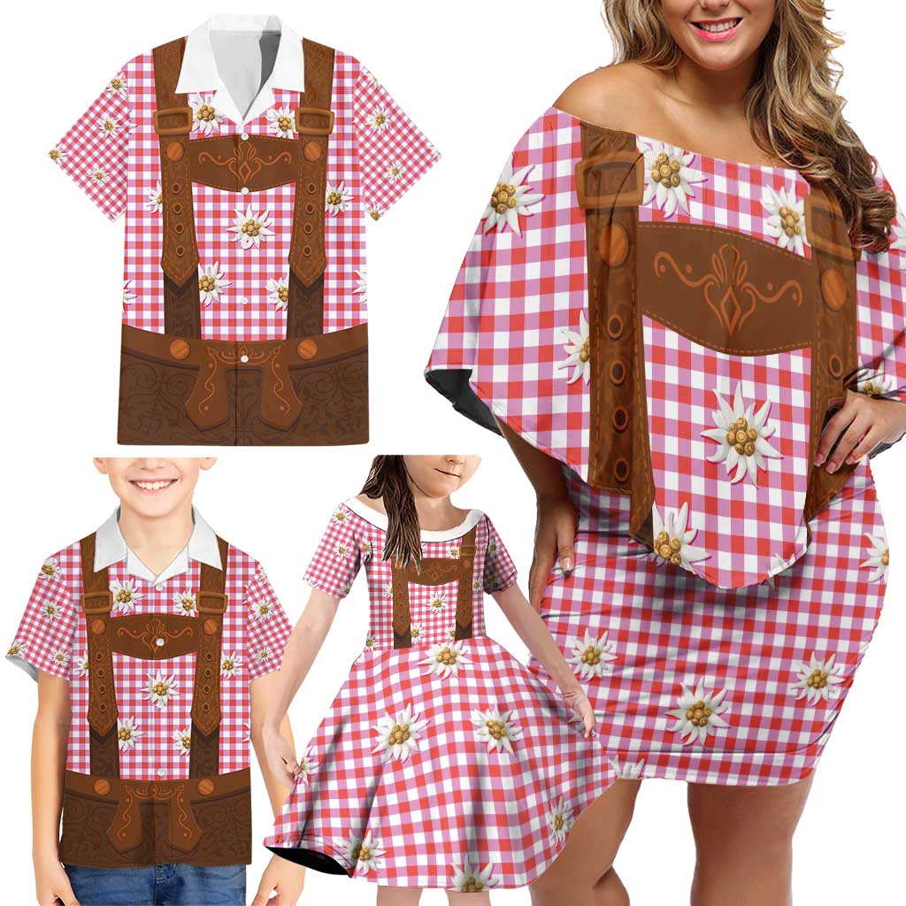 Traditional German Costume - Lederhosen Family Matching Off Shoulder Short Dress and Hawaiian Shirt Red Plaid Pattern with Edelweiss Flowers - Wonder Print Shop