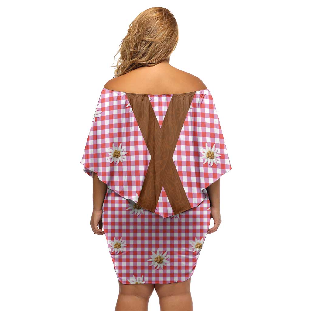 Traditional German Costume - Lederhosen Family Matching Off Shoulder Short Dress and Hawaiian Shirt Red Plaid Pattern with Edelweiss Flowers - Wonder Print Shop