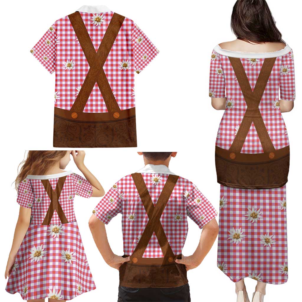 Traditional German Costume - Lederhosen Family Matching Puletasi and Hawaiian Shirt Red Plaid Pattern with Edelweiss Flowers