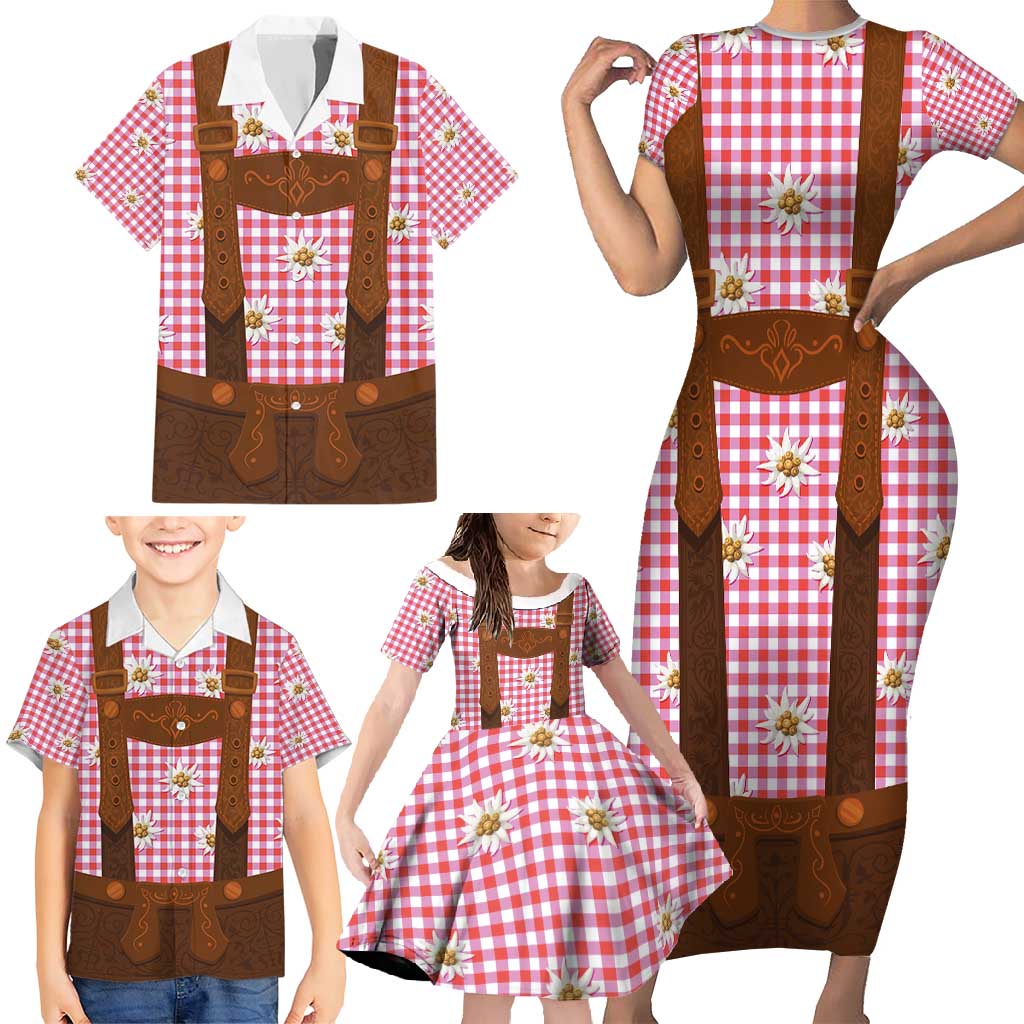 Traditional German Costume - Lederhosen Family Matching Short Sleeve Bodycon Dress and Hawaiian Shirt Red Plaid Pattern with Edelweiss Flowers - Wonder Print Shop
