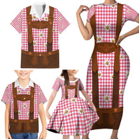 Traditional German Costume - Lederhosen Family Matching Short Sleeve Bodycon Dress and Hawaiian Shirt Red Plaid Pattern with Edelweiss Flowers - Wonder Print Shop
