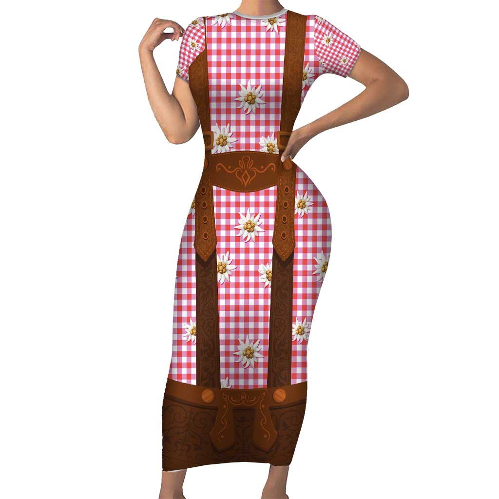 Traditional German Costume - Lederhosen Family Matching Short Sleeve Bodycon Dress and Hawaiian Shirt Red Plaid Pattern with Edelweiss Flowers - Wonder Print Shop