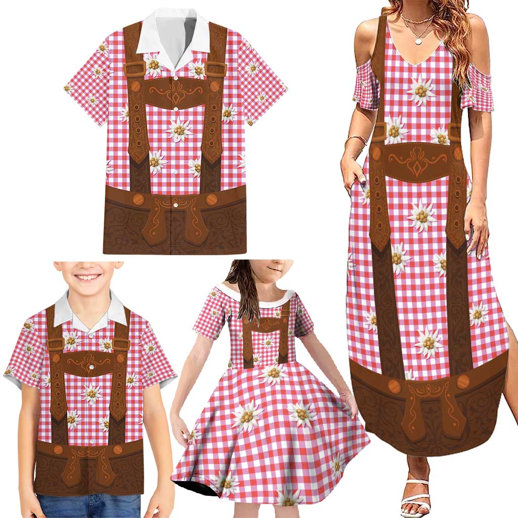 Traditional German Costume - Lederhosen Family Matching Summer Maxi Dress and Hawaiian Shirt Red Plaid Pattern with Edelweiss Flowers - Wonder Print Shop