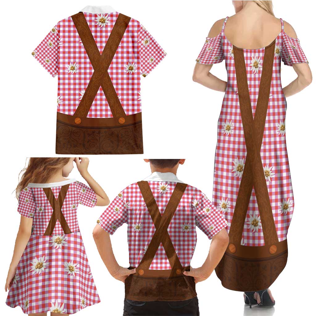 Traditional German Costume - Lederhosen Family Matching Summer Maxi Dress and Hawaiian Shirt Red Plaid Pattern with Edelweiss Flowers - Wonder Print Shop