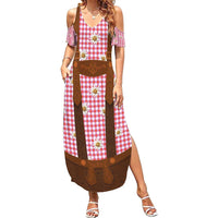 Traditional German Costume - Lederhosen Family Matching Summer Maxi Dress and Hawaiian Shirt Red Plaid Pattern with Edelweiss Flowers - Wonder Print Shop