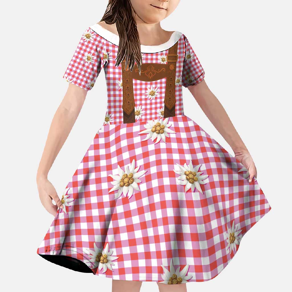 Traditional German Costume - Lederhosen Family Matching Tank Maxi Dress and Hawaiian Shirt Red Plaid Pattern with Edelweiss Flowers - Wonder Print Shop