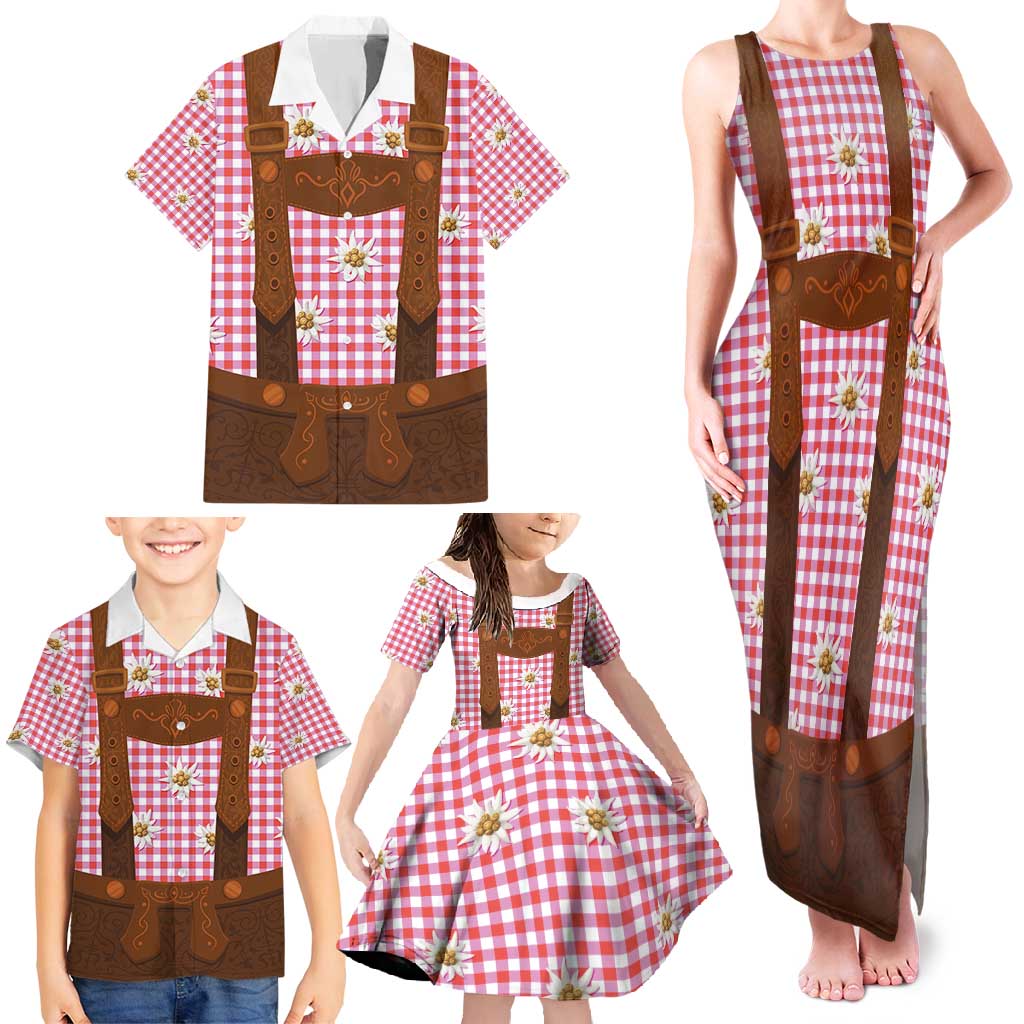Traditional German Costume - Lederhosen Family Matching Tank Maxi Dress and Hawaiian Shirt Red Plaid Pattern with Edelweiss Flowers - Wonder Print Shop