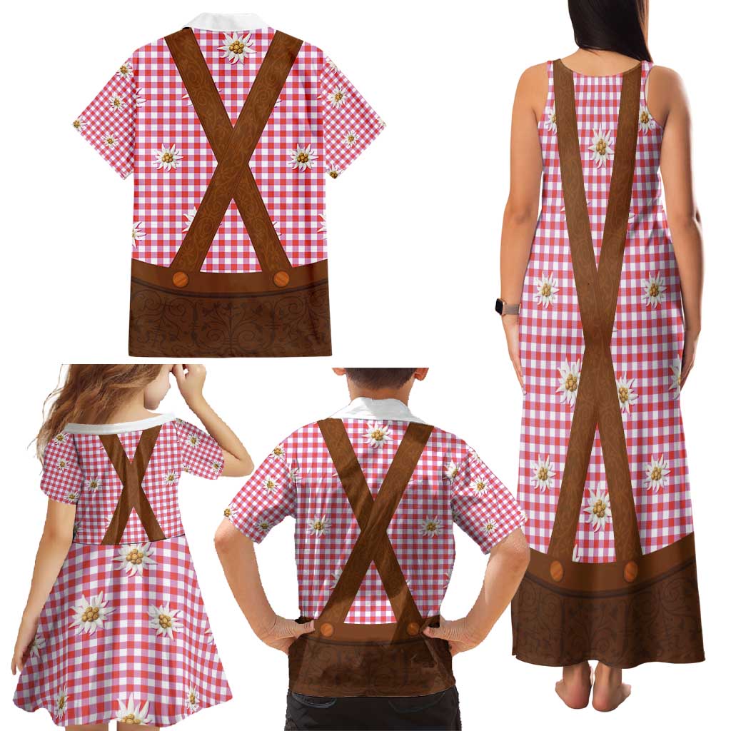 Traditional German Costume - Lederhosen Family Matching Tank Maxi Dress and Hawaiian Shirt Red Plaid Pattern with Edelweiss Flowers - Wonder Print Shop