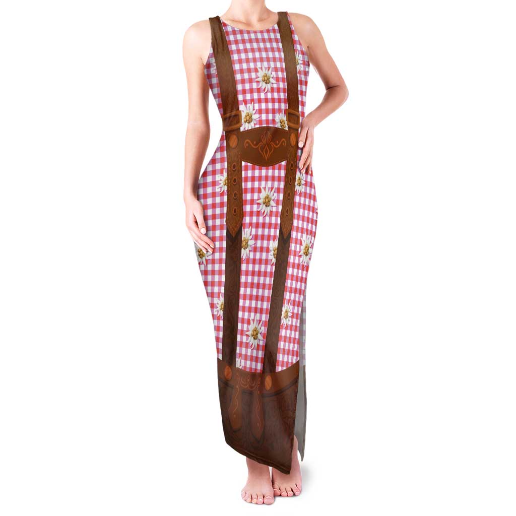 Traditional German Costume - Lederhosen Family Matching Tank Maxi Dress and Hawaiian Shirt Red Plaid Pattern with Edelweiss Flowers - Wonder Print Shop