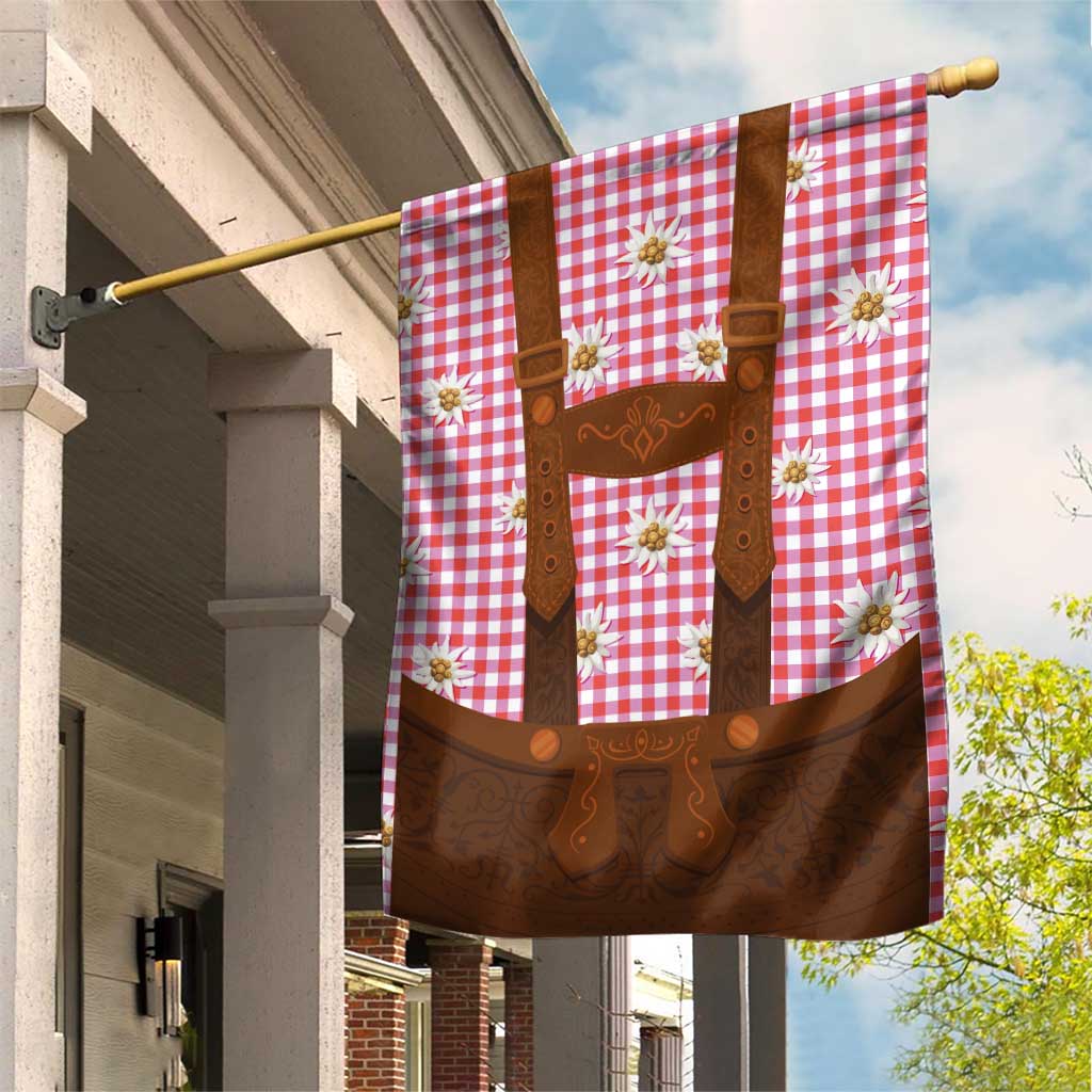 Traditional German Costume - Lederhosen Garden Flag Red Plaid Pattern with Edelweiss Flowers - Wonder Print Shop