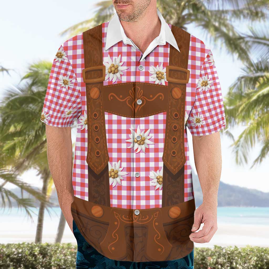 Traditional German Costume - Lederhosen Hawaiian Shirt Red Plaid Pattern with Edelweiss Flowers - Wonder Print Shop