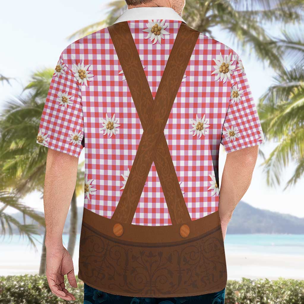 Traditional German Costume - Lederhosen Hawaiian Shirt Red Plaid Pattern with Edelweiss Flowers - Wonder Print Shop